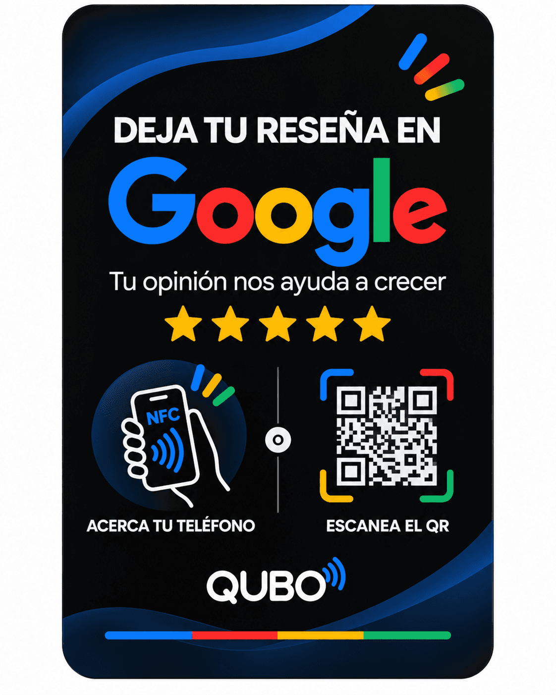 Exhibidor QUBO Tap de mostrador: «Deja tu reseña en Google», con zona NFC y código QR