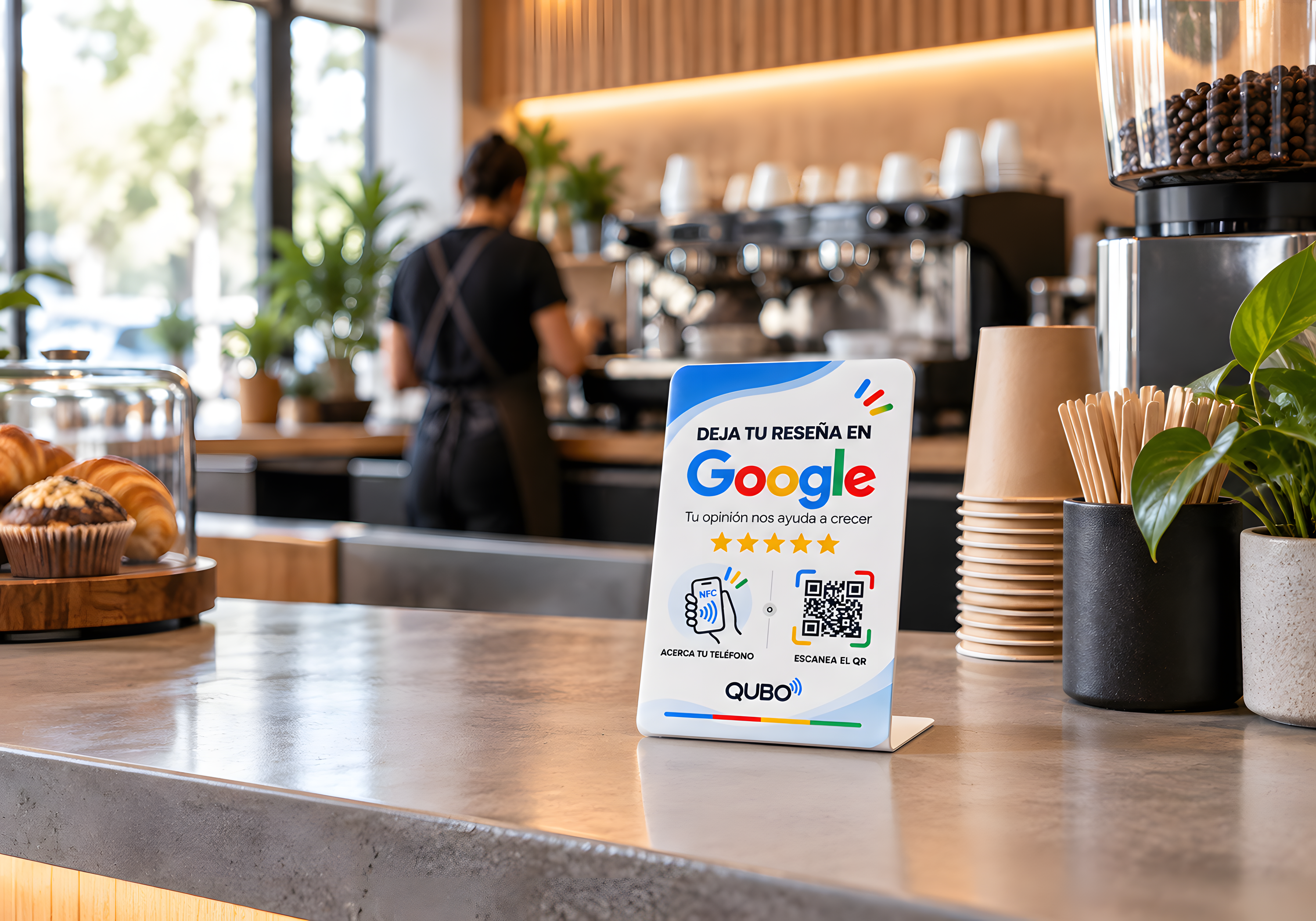 QUBO Tap blanco junto a la caja de una cafetería de especialidad, con el barista al fondo
