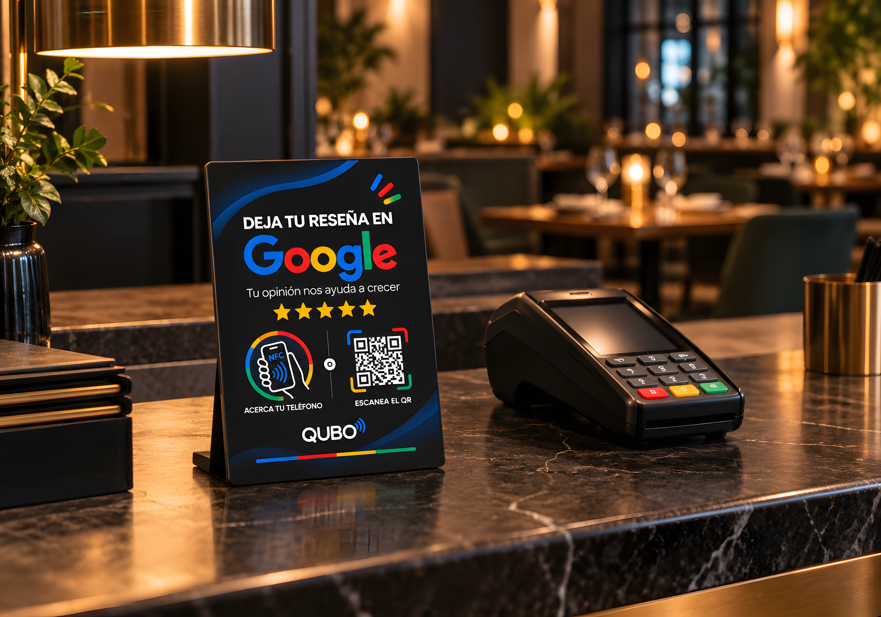 QUBO Tap negro junto al datáfono en la barra de un restaurante